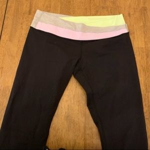 Lululemon yoga pants with lime green, lavender and grey waistband accent